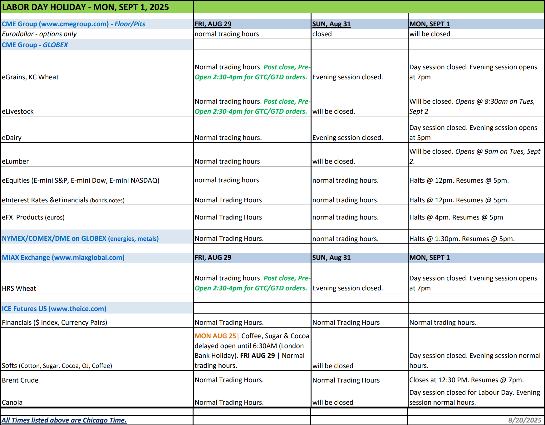 2025 Labor Day Schedule